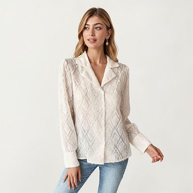 Women's Long Sleeve Button-Up Textured Sheer Blouse with Subtle Diamond Pattern