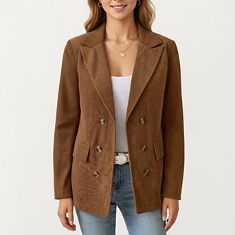 Women's Double Breasted Corduroy Blazer with Notched Lapel and Front Flap Pockets