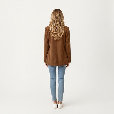 Women's Double Breasted Corduroy Blazer with Notched Lapel and Front Flap Pockets