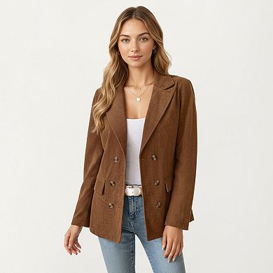 Women's Double Breasted Corduroy Blazer with Notched Lapel and Front Flap Pockets