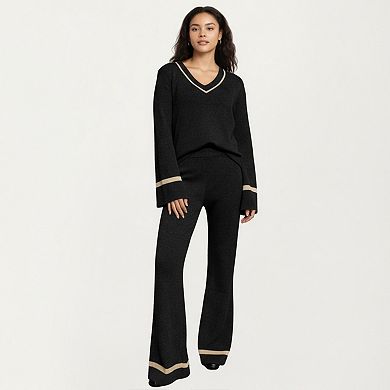 Women's 2-Piece Set Knit V-Neck Top and Flare Pants with Contrast Trim Details