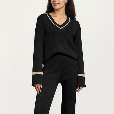 Women's 2-Piece Set Knit V-Neck Top and Flare Pants with Contrast Trim Details