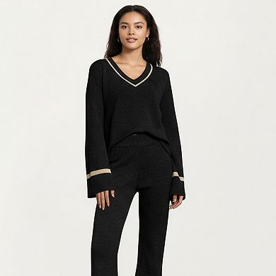 Women's 2-Piece Set Knit V-Neck Top and Flare Pants with Contrast Trim Details