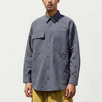 Men's Long Sleeve Button-Up Utility Shirt with Chest Pocket and Structured Stitch Detailing