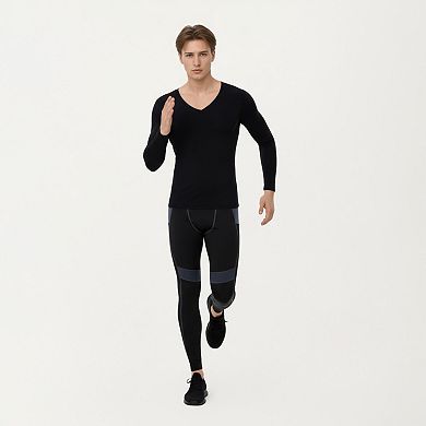 Men's Long Sleeve V-Neck Compression Shirt with Stretch Performance Fabric and Athletic Fit