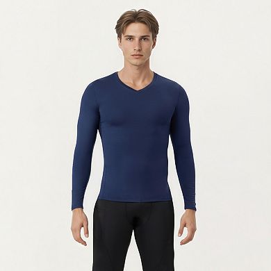 Men's Long Sleeve Compression Athletic Shirt with Stretch Fabric and V-Neck Design