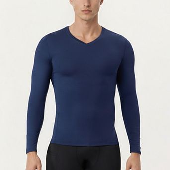 Men's Long Sleeve Compression Athletic Shirt with Stretch Fabric and V-Neck Design