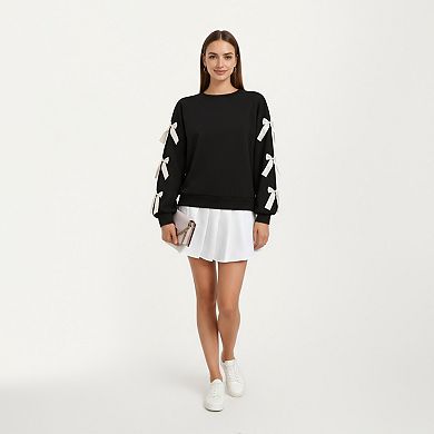 Women's Long Sleeve Pullover Sweatshirt with Ribbon Bow Tie Details on Sleeves