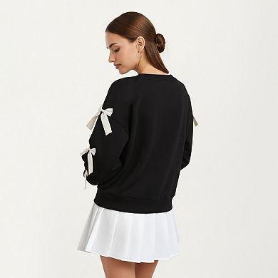 Women's Long Sleeve Pullover Sweatshirt with Ribbon Bow Tie Details on Sleeves