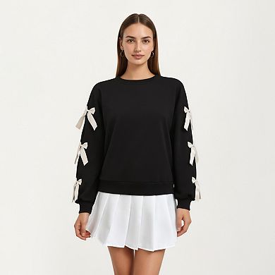 Women's Long Sleeve Pullover Sweatshirt with Ribbon Bow Tie Details on Sleeves