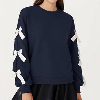 Women's Long Sleeve Pullover Sweatshirt with Ribbon Bow Tie Details on Sleeves