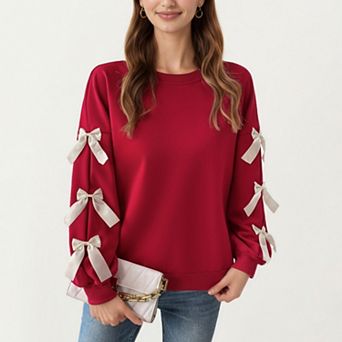 Women's Long Sleeve Pullover Sweatshirt with Ribbon Bow Tie Details on Sleeves