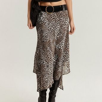 Women's Leopard Print Midi Skirt with Asymmetrical Hem and Flowing Sheer Overlay