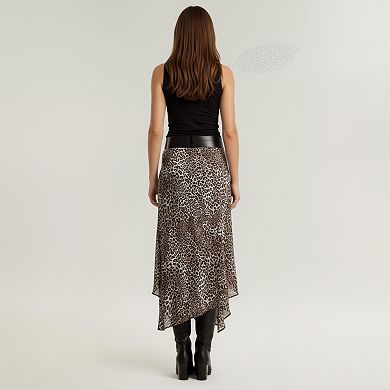 Women's Leopard Print Midi Skirt with Asymmetrical Hem and Flowing Sheer Overlay