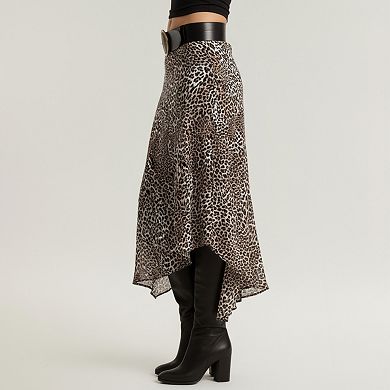 Women's Leopard Print Midi Skirt with Asymmetrical Hem and Flowing Sheer Overlay