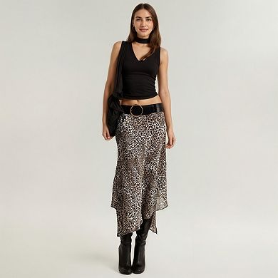 Women's Leopard Print Midi Skirt with Asymmetrical Hem and Flowing Sheer Overlay