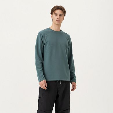 Men's Long Sleeve Crew Neck Pullover with Raglan Seams and Subtle Front Stitch Detail