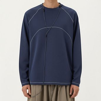 Men's Long Sleeve Crew Neck Pullover with Raglan Seams and Subtle Front Stitch Detail