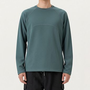 Men's Long Sleeve Crew Neck Pullover with Raglan Seams and Subtle Front Stitch Detail