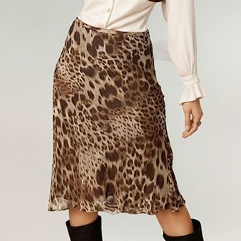 Women's Leopard Print Midi Skirt with Bias Cut and Silky Satin Finish