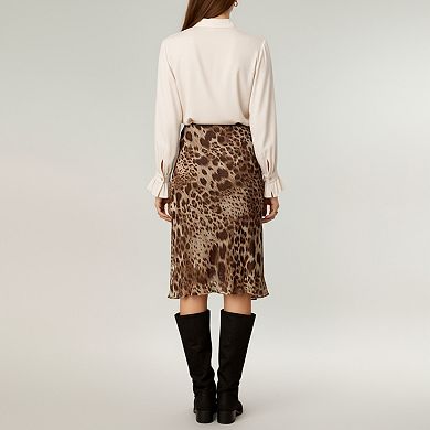 Women's Leopard Print Midi Skirt with Bias Cut and Silky Satin Finish