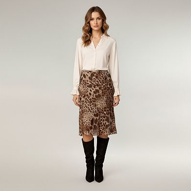 Women's Leopard Print Midi Skirt with Bias Cut and Silky Satin Finish