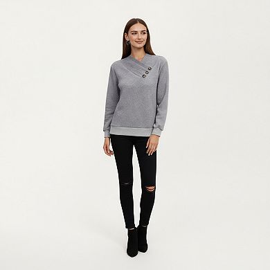 Women's Long Sleeve Textured Knit Pullover Top with Asymmetrical Button Detail and Ribbed Hem