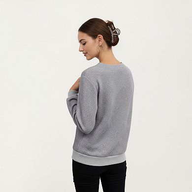 Women's Long Sleeve Textured Knit Pullover Top with Asymmetrical Button Detail and Ribbed Hem