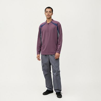 Men's Long Sleeve Quarter Zip Pullover with Contrast Shoulder Panels and Stand Collar