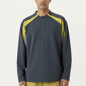Men's Long Sleeve Quarter Zip Pullover with Contrast Shoulder Panels and Stand Collar
