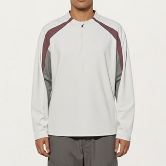 Men's Long Sleeve Quarter Zip Pullover with Contrast Shoulder Panels and Stand Collar