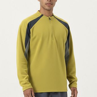 Men's Long Sleeve Quarter Zip Pullover with Contrast Shoulder Panels and Stand Collar