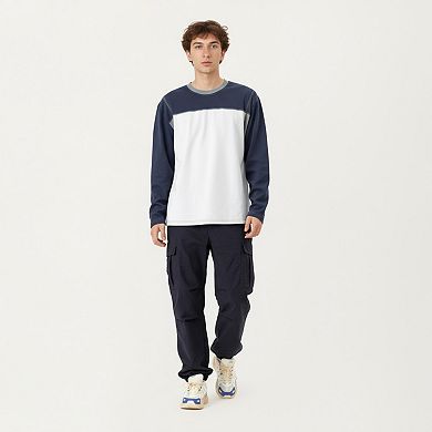 Men's Long Sleeve Color Block Crew Neck Pullover with Contrast Stitching and Relaxed Fit