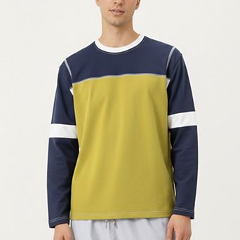 Men's Long Sleeve Color Block Crew Neck Pullover with Contrast Stitching and Relaxed Fit