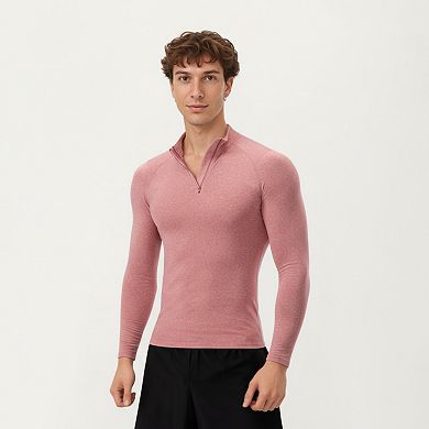Men's Long Sleeve Quarter Zip Compression Athletic Top with Stretch Fabric and Mock Neck