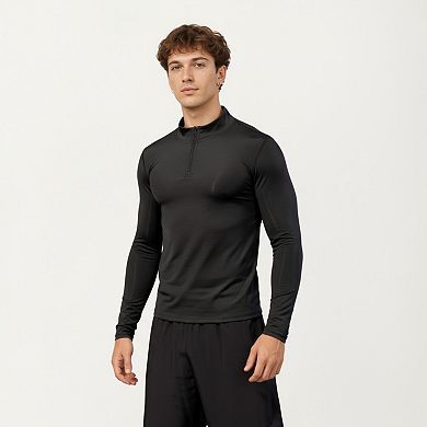 Men's Long Sleeve Zip Compression Athletic Shirt with Mock Neck and Performance Stretch Fabric