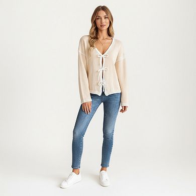 Women's Long Sleeve Knit Cardigan Top with Front Tie Bow Closures and Contrast Trim