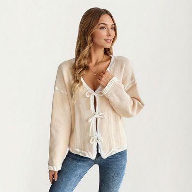 Women's Long Sleeve Knit Cardigan Top with Front Tie Bow Closures and Contrast Trim