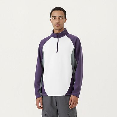Men's Long Sleeve Quarter Zip Pullover with Color Block Panels and Stand Collar