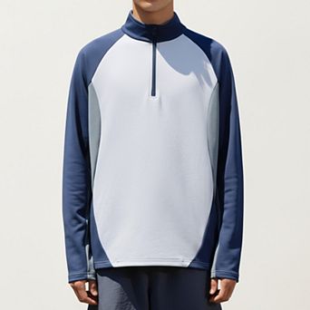 Men's Long Sleeve Quarter Zip Pullover with Color Block Panels and Stand Collar