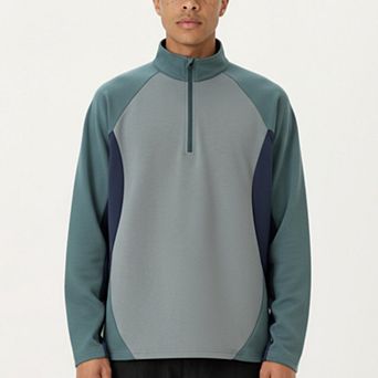 Men's Long Sleeve Quarter Zip Pullover with Color Block Panels and Stand Collar