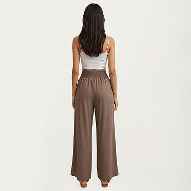 Women's High Waist Smocked Wide Leg Pants with Side Pockets and Relaxed Fit