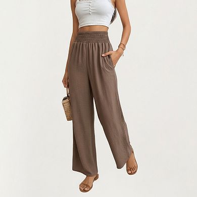 Women's High Waist Smocked Wide Leg Pants with Side Pockets and Relaxed Fit