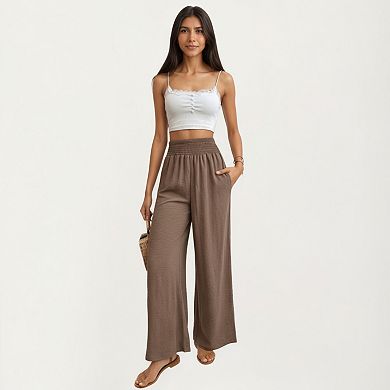 Women's High Waist Smocked Wide Leg Pants with Side Pockets and Relaxed Fit