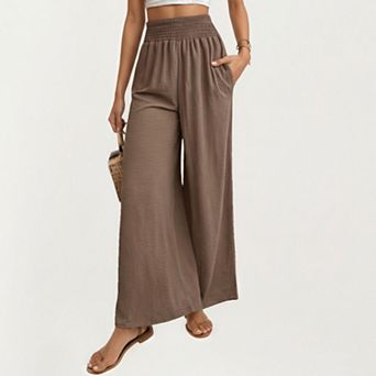 Women's High Waist Smocked Wide Leg Pants with Side Pockets and Relaxed Fit