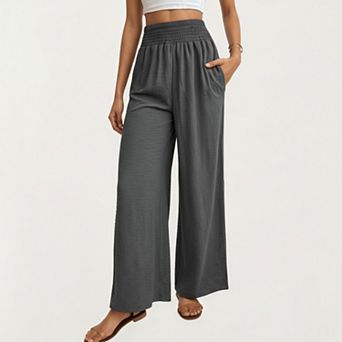 Women's High Waist Smocked Wide Leg Pants with Side Pockets and Relaxed Fit