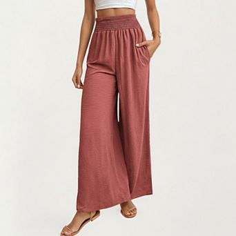 Women's High Waist Smocked Wide Leg Pants with Side Pockets and Relaxed Fit