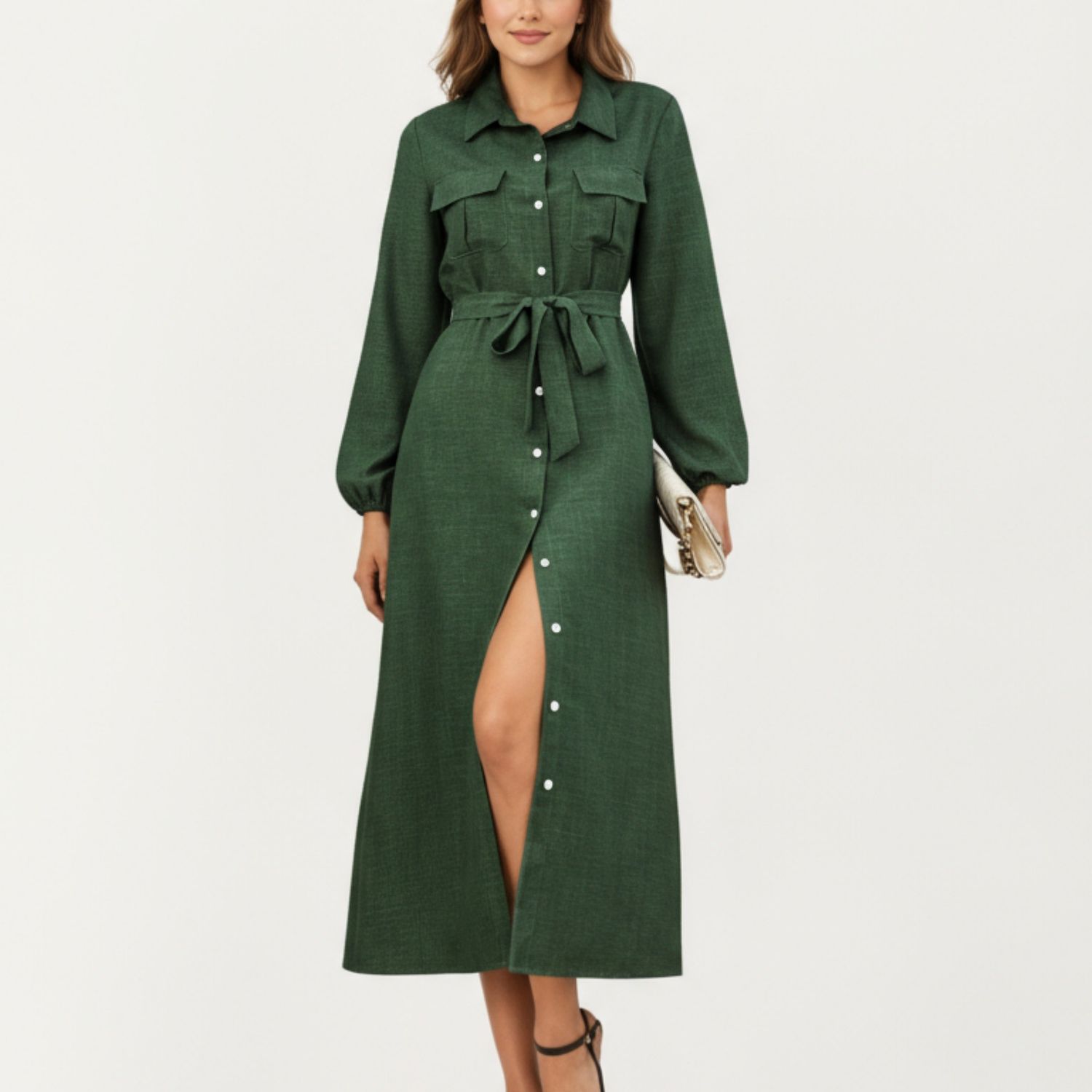 Женские платья Long Sleeve Button-Down Midi Shirt Dress with Waist Tie and Front Slit
