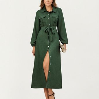 Women's Long Sleeve Button-Down Midi Shirt Dress with Waist Tie and Front Slit