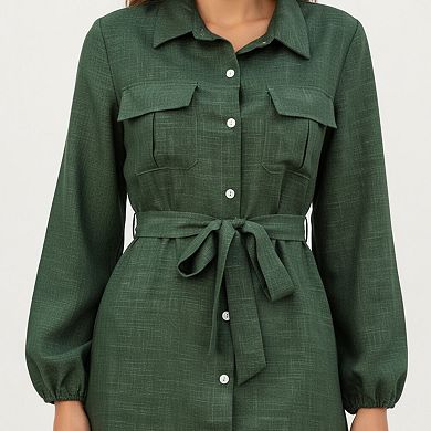 Women's Long Sleeve Button-Down Midi Shirt Dress with Waist Tie and Front Slit